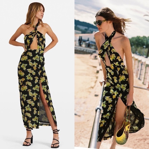 DE LA VALLI Floral Chiffon Sleeveless Twist Front Halter Neck Cutout Dress 2 - Picture 1 of 10